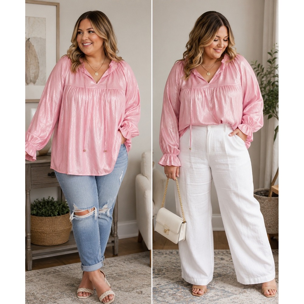 Entro XL Pink Shimmer Babydoll Tunic Blouse Ruffle Neck Long Sleeve